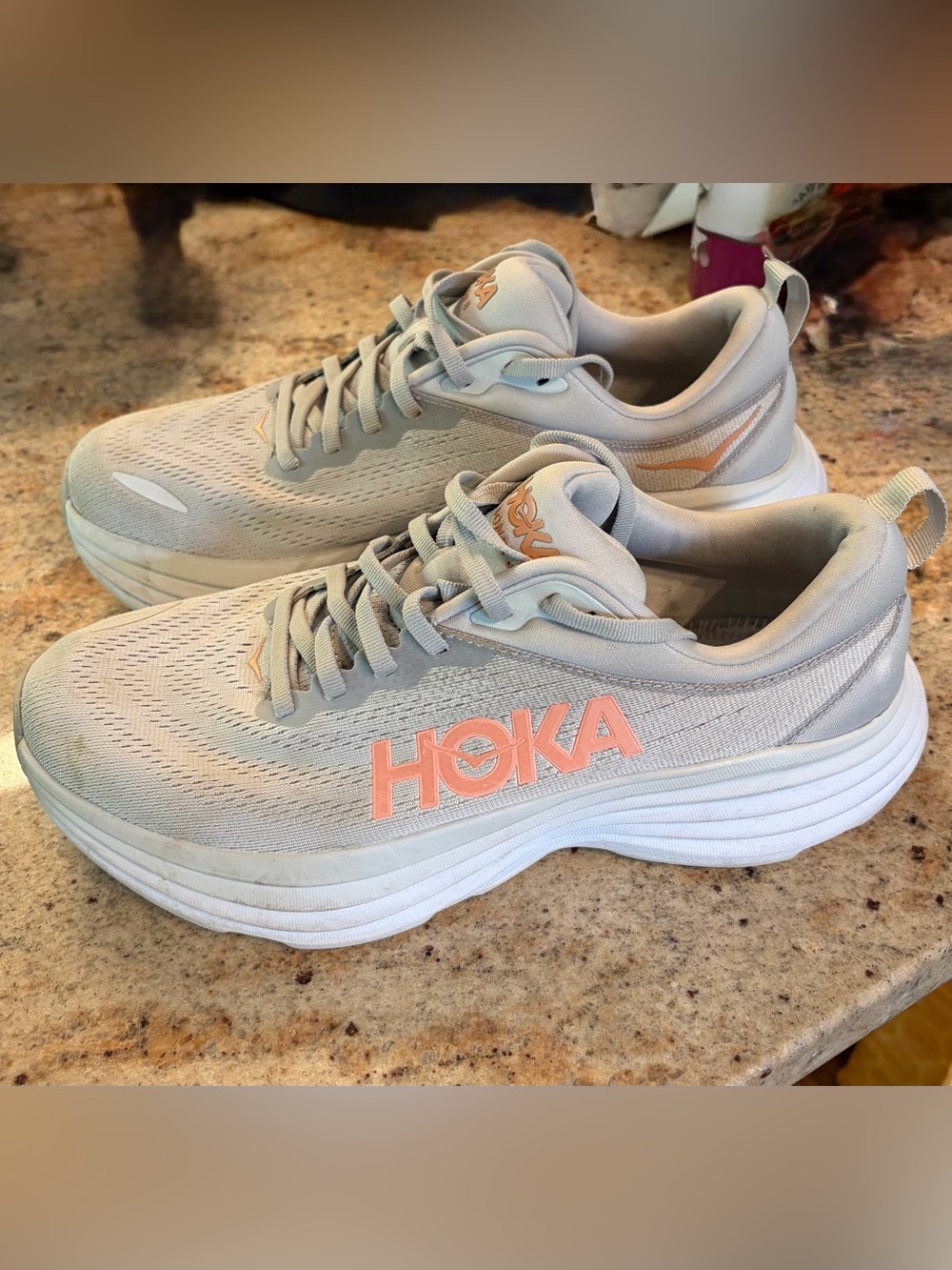 Hoka One One Women's Running Shoes in Light Gray with Coral Logo